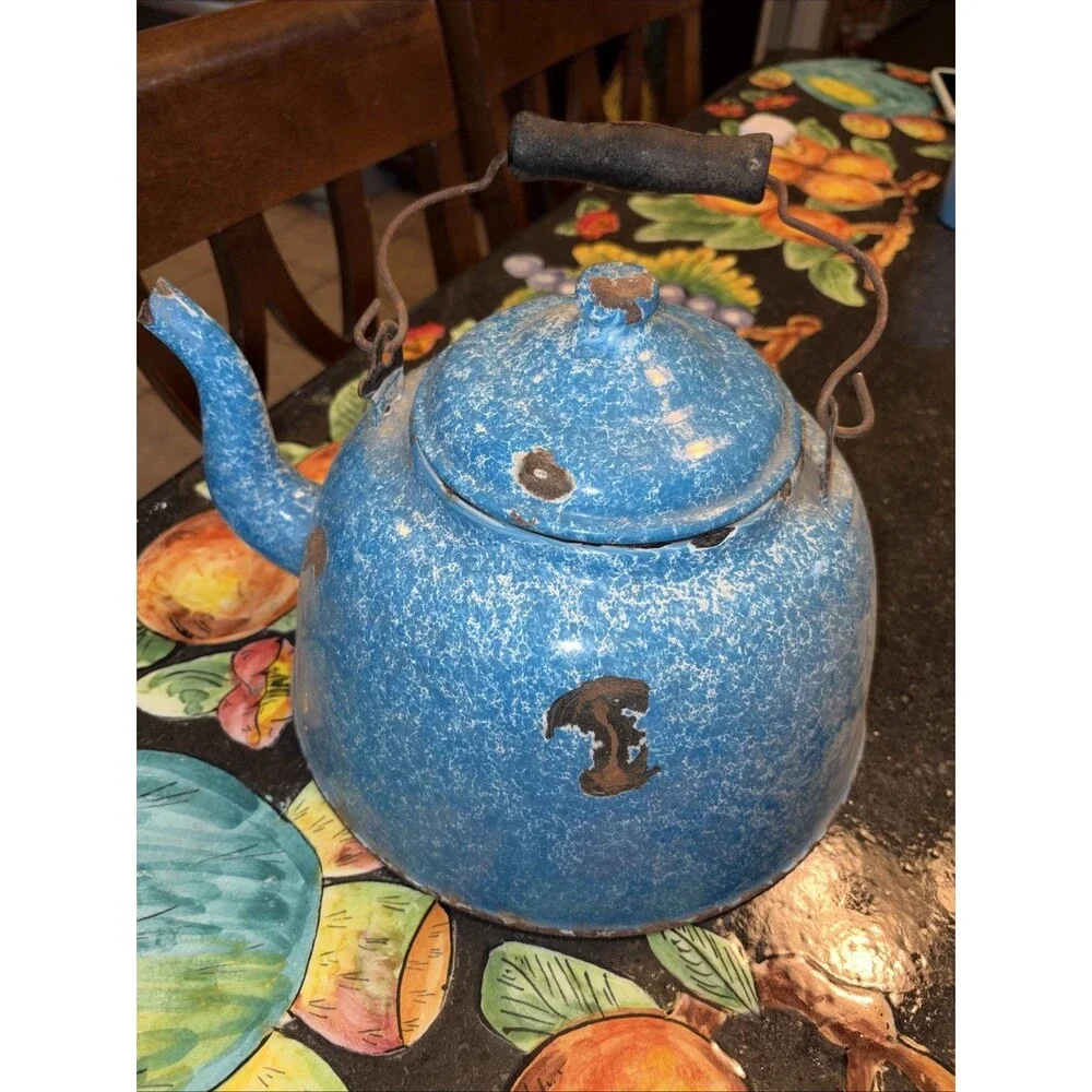 Antique Kettle German Graniteware Enamel Robin Egg Blue Wood Rare Cowboy Farm